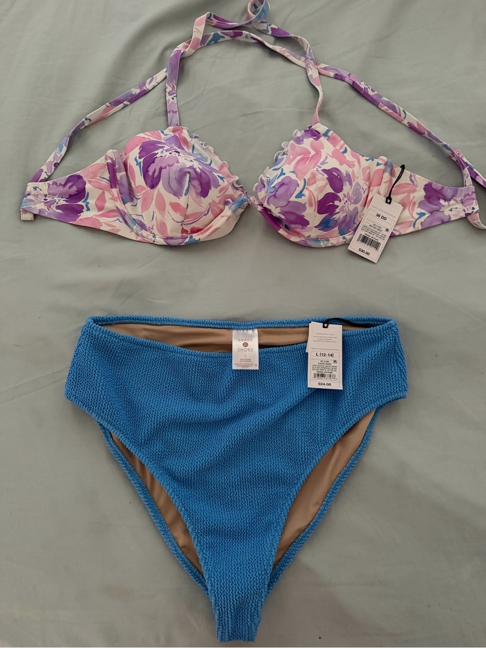 Shade & Shore Purple Pink Floral Underwire Top with Blue High-Waist Bottom